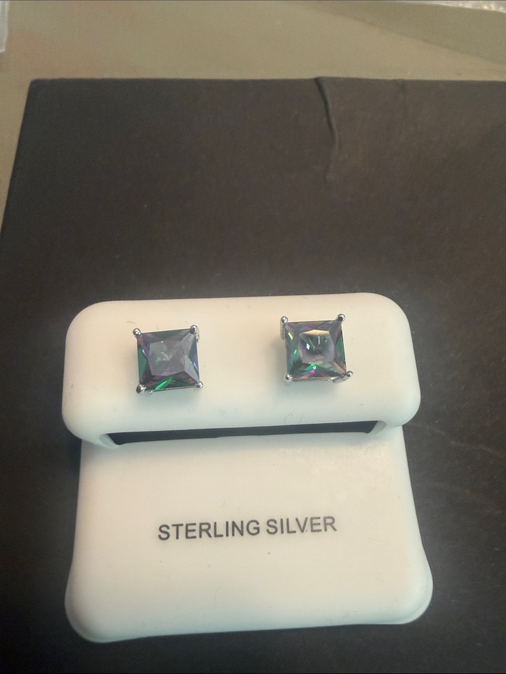 Sterling Silver Mystic Square Stud Earrings - Iridescent Green